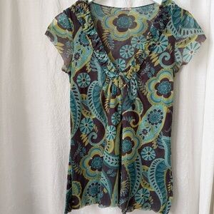 Mesh Floral Ruffle V-Neck Top